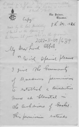 Harty - formal permission for Monastery