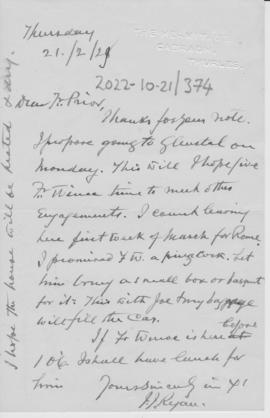 Ryan to Prior - thanks for note