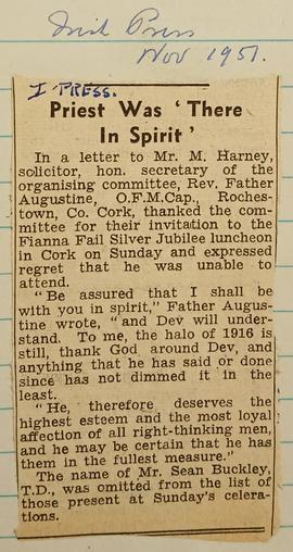 Fr. Augustine Hayden invitation to Fianna Fáil silver jubilee event