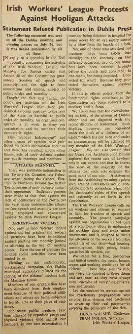 Irish Workers’ League protests against hooligan attacks