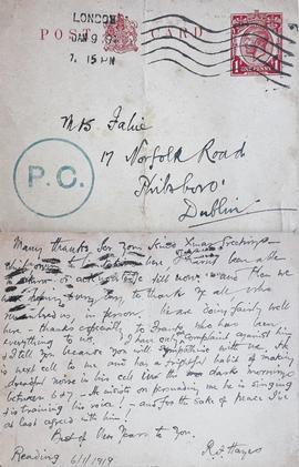 Card to Anna Fahy from Richard Francis Hayes