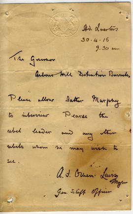 Letter from Major A.F. Owen Lewis, General Staff Officer, Irish Command, Headquarters to The Governor, Arbour Hill Detention Barracks