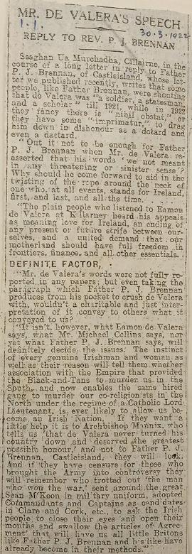 Éamon de Valera replies to Fr. P.J. Brennan