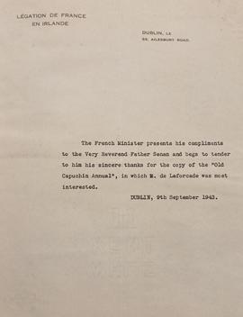 Letter from François-Xavier de Laforcade, French Minister to Ireland