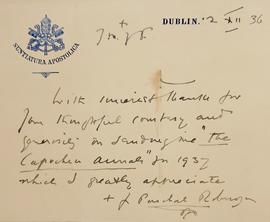 Letter from Archbishop Paschal Robinson OFM