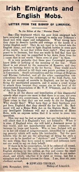 Speech made by his lordship the Most Rev. Dr. O'Dwyer on the occasion of the conferring of the freedom of the city of Limerick on him, on the 14th September, 1916: Full report. / 'Irish Emigrants and English Mobs / Letter from the Bishop of Limerick'