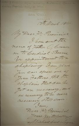 Letter from Cardinal Michael Logue to Fr. Aloysius Travers OFM Cap.