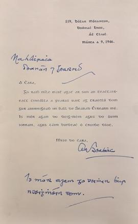 Letter from Pádraig Ó Siochfhradha (‘An Seabhac’)