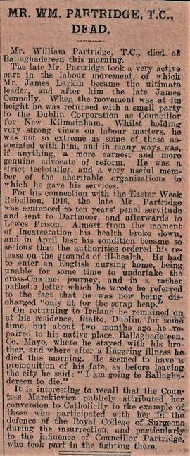 Newspaper clipping of an obituary for William Partridge