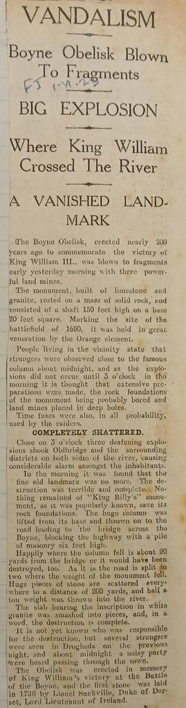 Boyne obelisk blown to fragments