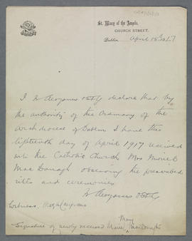 Declaration of Muriel MacDonagh’s reception into the Catholic Church