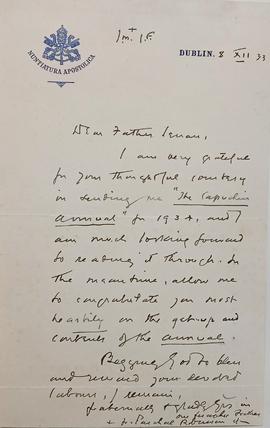 Letter from Archbishop Paschal Robinson OFM