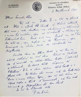 Letter from An tAthair Pádraig De Brún