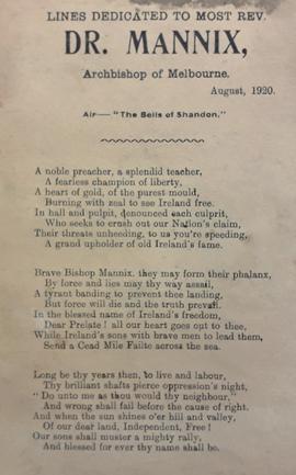 Lines dedicated to Most Rev. Dr. Mannix Archbishop of Melbourne