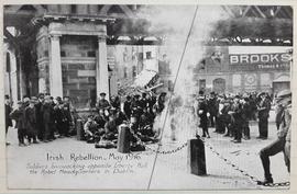 Irish rebellion May 1916 / soldiers bivouacking opposite Liberty Hall, the rebel headquarters in Dublin