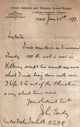 Letter from John Earley to Fr. Jarlath Hynes OSFC
