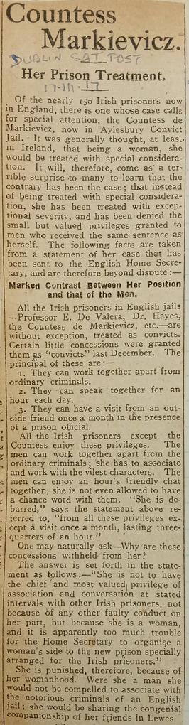 Constance Markievicz / Her Prison Treatment