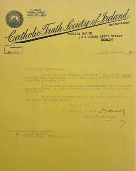 Letter from Frank O’Reilly, Catholic Truth Society of Ireland