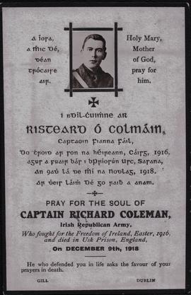 Memorial Card for Captain Richard Coleman ‘who fought for the Freedom of Ireland, Easter, 1916, and died in Usk Prison, England, on December 9th, 1918’