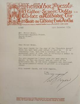 Letter from W.G. Lyon, Talbot Press
