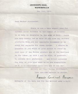 Letter from Cardinal Francis Bourne to Fr. Aloysius Travers OFM Cap.