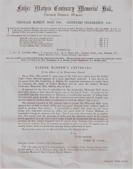 Flier for Father Mathew Centenary Memorial Hall