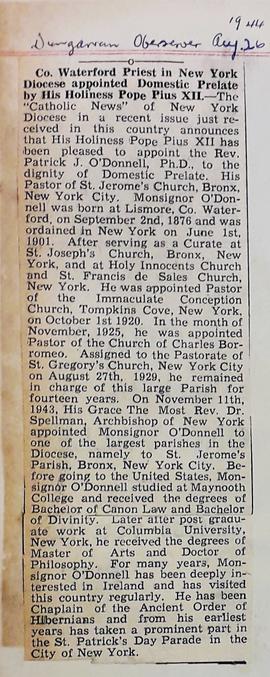 Appointment of Monsignor Patrick J. O’Donnell as Domestic Prelate