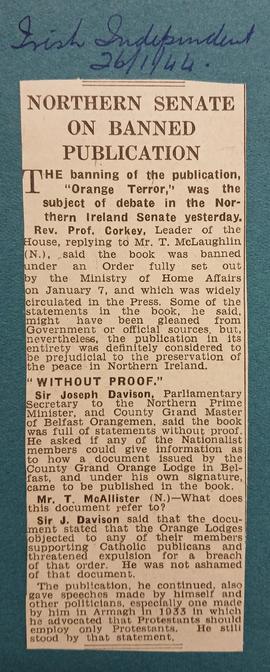 Northern Irish Senate debate on banned ‘Orange Terror’ publication