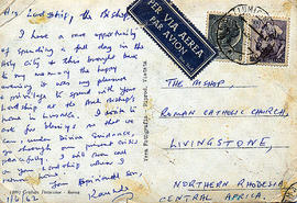 Postcard of Kenneth Kaunda to Bishop Timothy Phelim O’Shea OFM Cap.