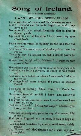 ‘Song of Ireland. Air – “Paddies Evermore”. I want my four green fields’