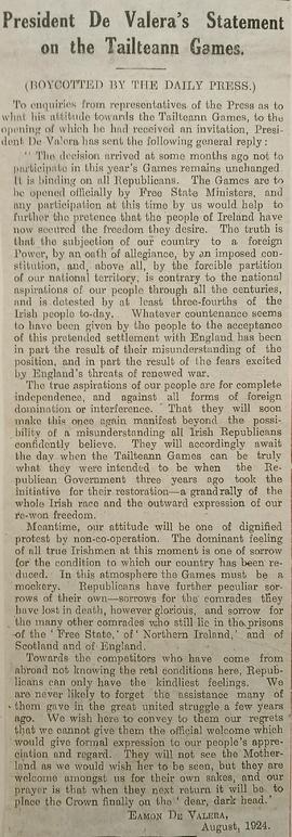 President de Valera’s statement on the Tailteann Games