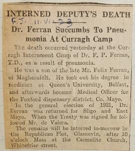 Dr Francis Ferran succumbs to pneumonia at Curragh Camp