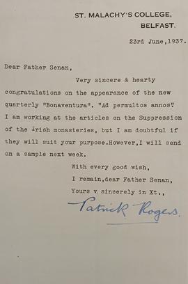 Letter from Canon Patrick Rogers