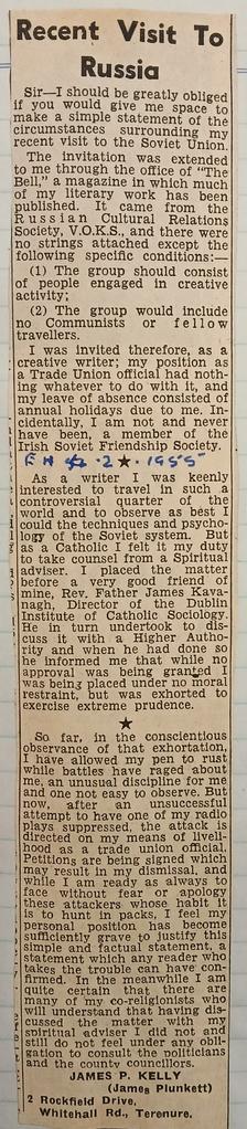 James Plunkett defends his visit to the Soviet Union