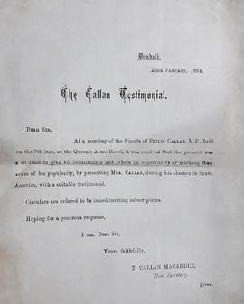 Flier for Testimonial for Philip Callan MP