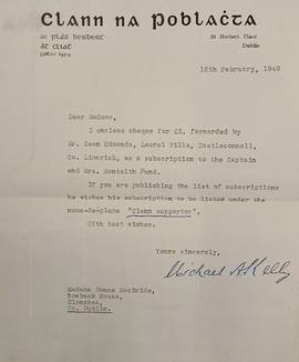 Letter from Michael A. Kelly to Maud Gonne MacBride