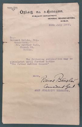 Letter from Piaras Béaslaí