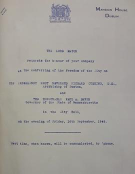 Invitation to the Conferral of the Freedom of Dublin on Archbishop Cushing and Governor Dever