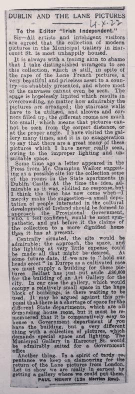 Dublin and the Hugh Lane Pictures / Letter from Paul Henry