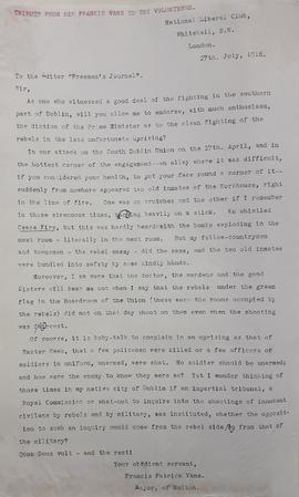Tribute from Sir Francis Vane to Irish Volunteers