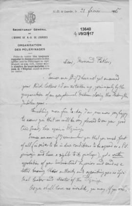 Garda Siochana:  Pilgrimages.  Lourdes  1935  Letter from Lourdes Authorities.
