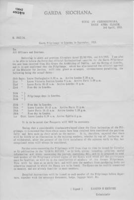 Garda Siochana: Pilgrimages.  Lourdes   1935.  Details from   Commisioner.