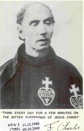 Post card of Ven. Charles with copy of his signature